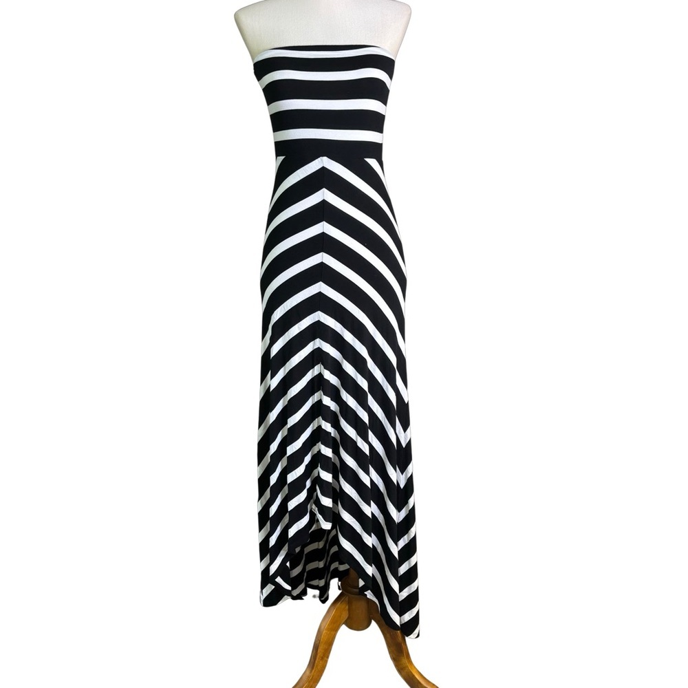 White House Black Market Women's Dress Sz XXS Strapless Maxi Striped Front Slit‎